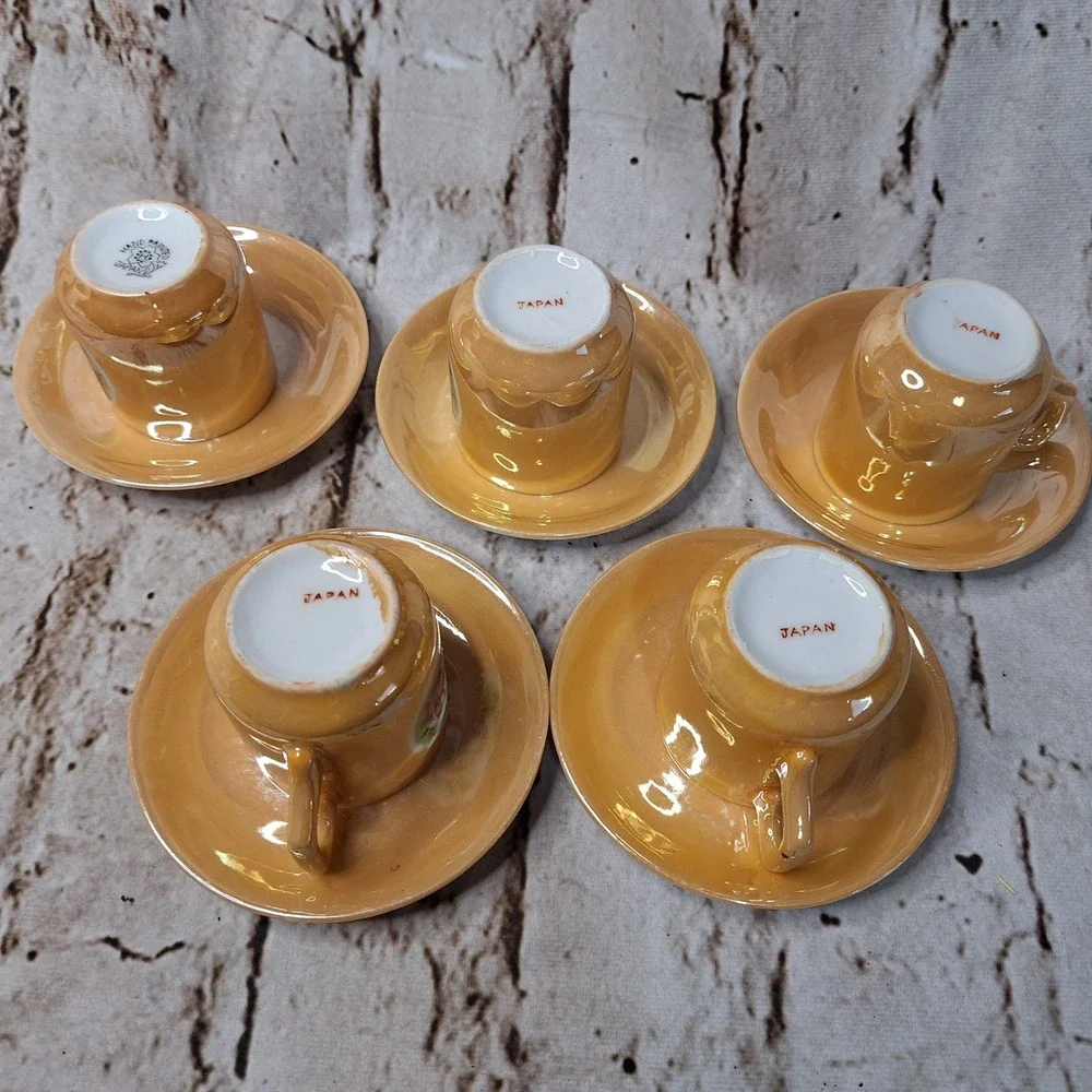 Vintage Japan Lusterware Demitasse Set 5 Cups Saucers Peach Iridescent Classical